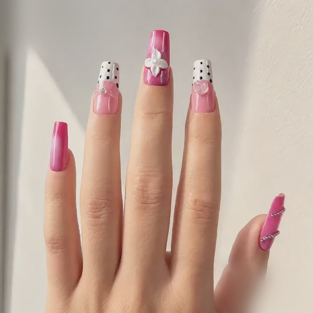 Handmade barbie pink cat eye french nails polka dot 3D flower press on nails medium coffin-Sweet Dot A081