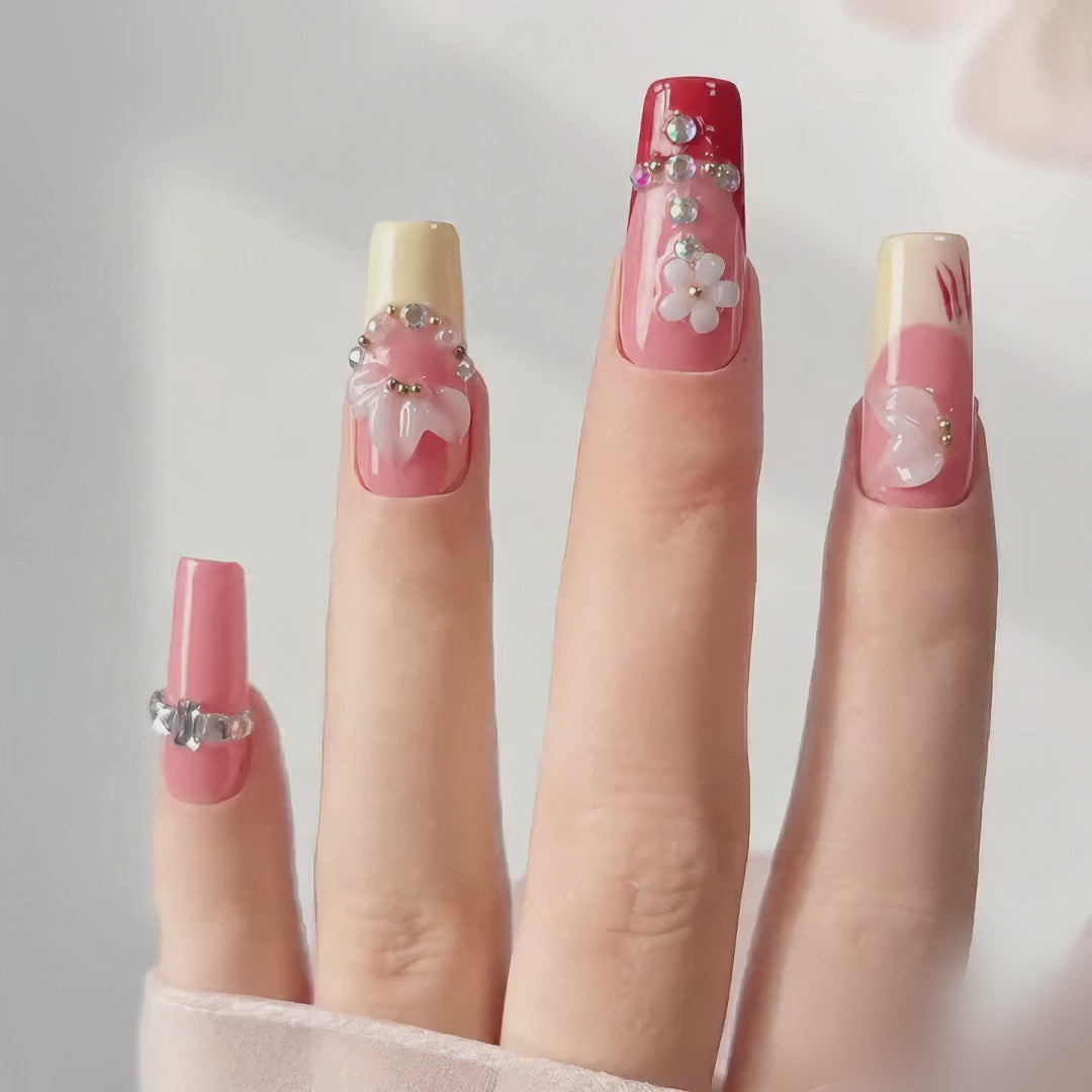 Handmade nude brown medium coffin press on nails french tip fake nails with 3D floral design autumn brown-Nude Blossom A070