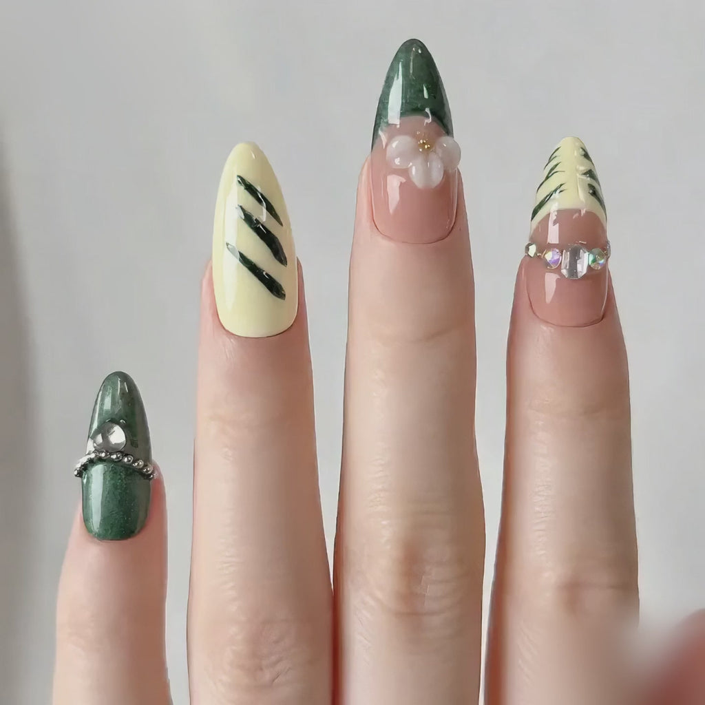 Handmade nails medium almond nude base with deep emerald green cat eye french tip 3D floral design chain detail-Forest Bloom A072