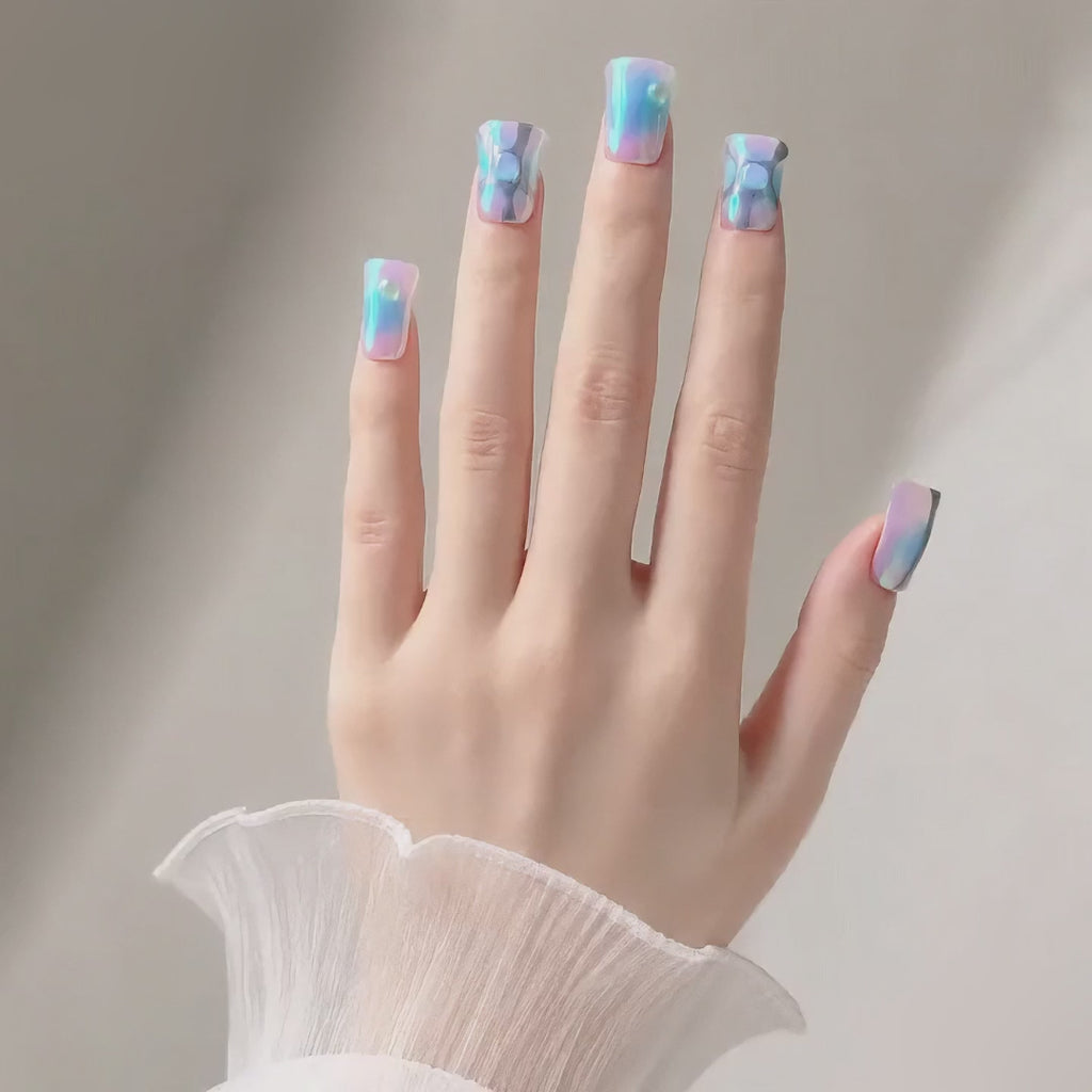 Handmade short duckbil aurora nails Y2K iridescent blue pink chrome futuristic 3D gel fake nails-Blue Prism A045