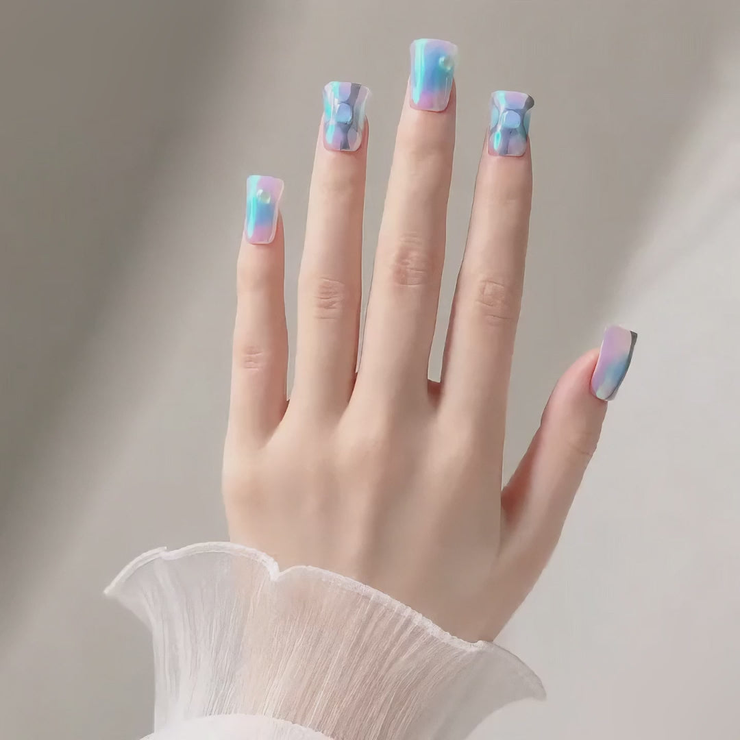 Handmade short duckbil aurora nails Y2K iridescent blue pink chrome futuristic 3D gel fake nails-Blue Prism A045
