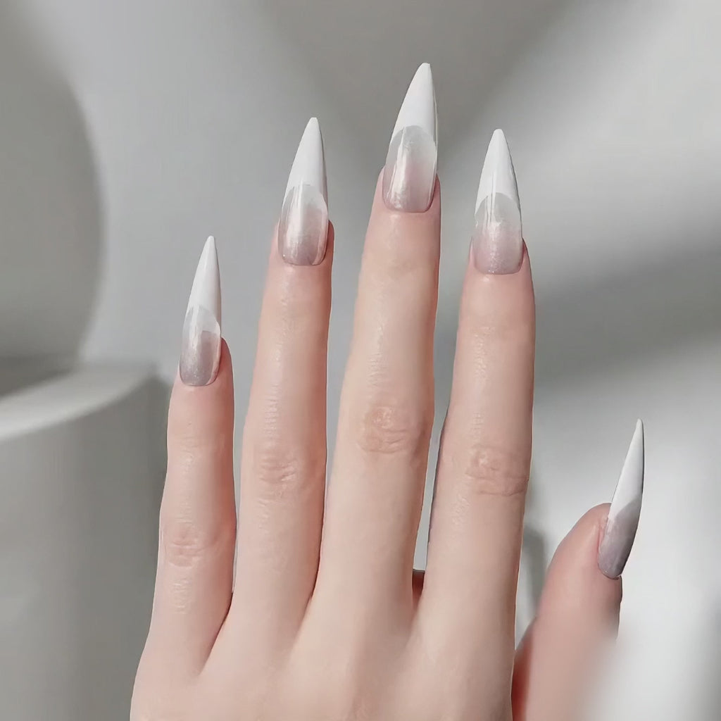 Handmade silver grey cat eye press on nails long stiletto white french tip-Silver Frost A054
