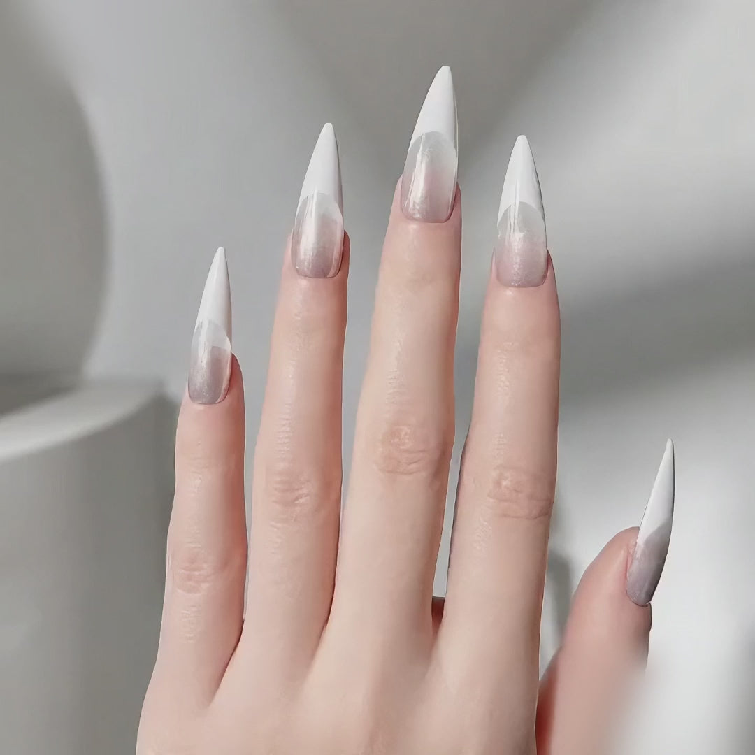 Handmade silver grey cat eye press on nails long stiletto white french tip-Silver Frost A054