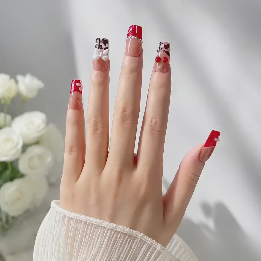 Handmade medium coffin red cherry french tip press on nails coquette leopard -Cherry pop A036