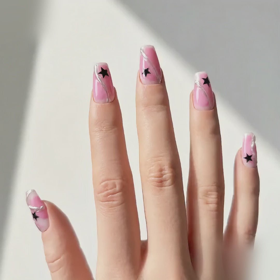 Handmade pink & grey blue star press on nails short coffin Y2K mismatched swirl design reusable glossy nail set-Twin Stars A080