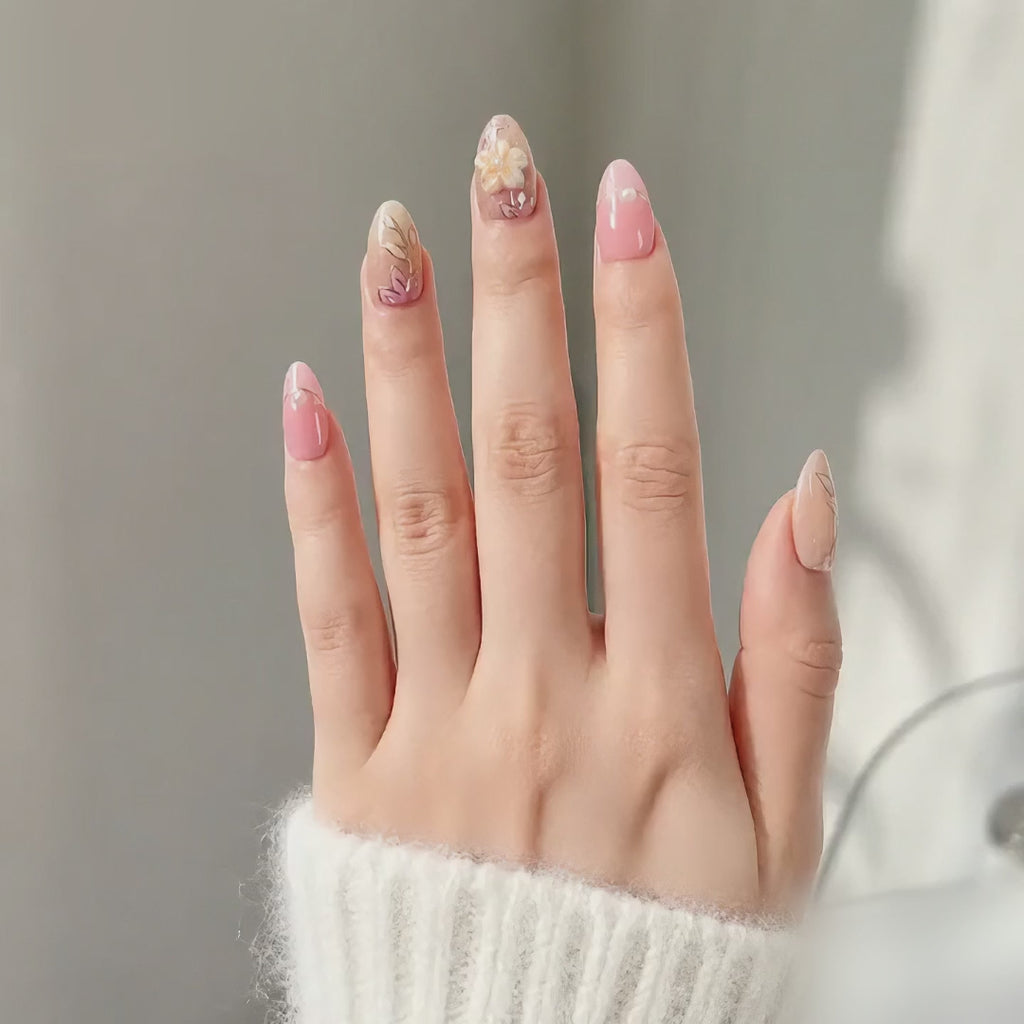 Handmade short almond rose gold blossom press on nails nude pink glitter almond nails 3D floral leaf design pearl accent elegant-Rose Garden A041