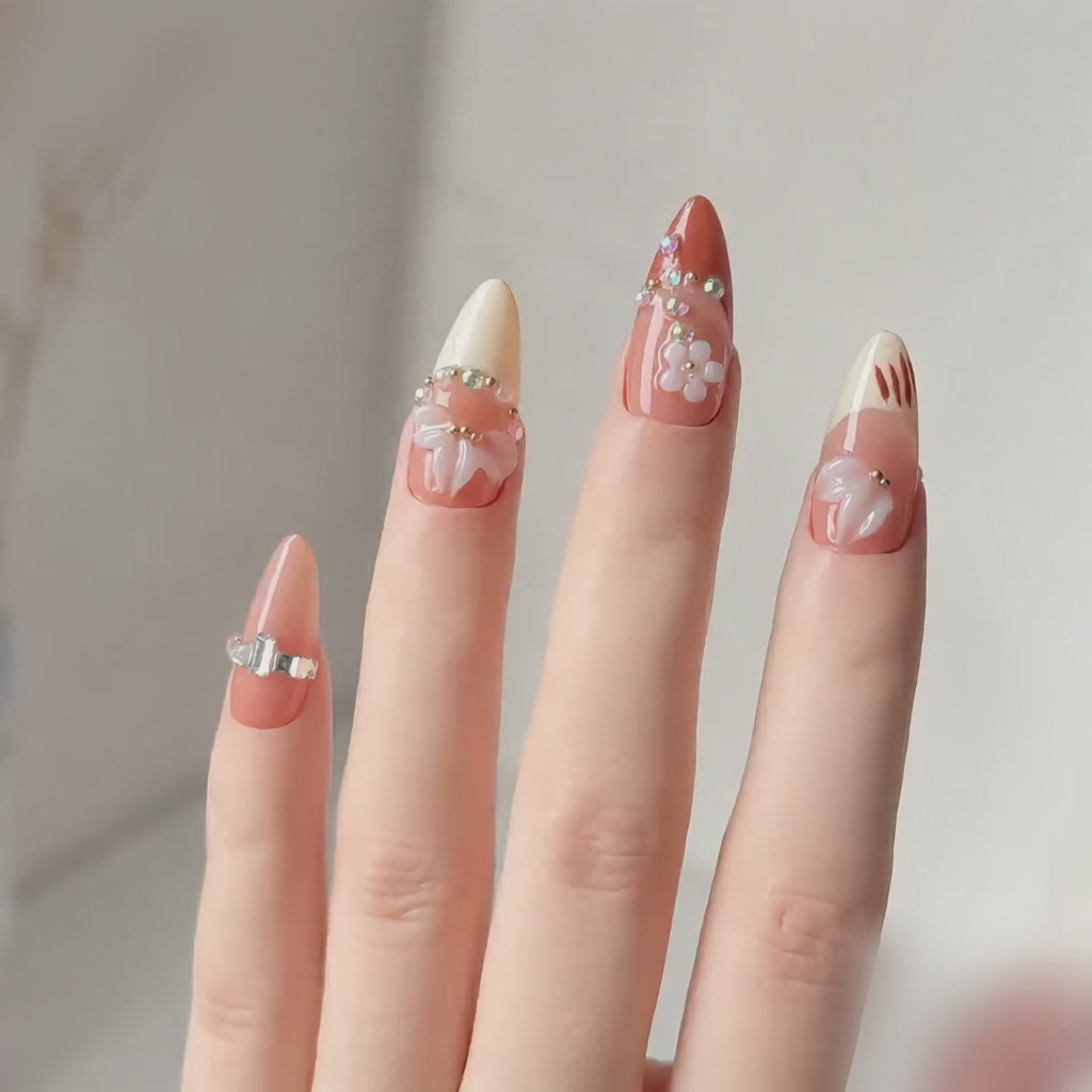 Handmade nude brown medium almond press on nails french tip fake nails with 3D floral design autumn brown-Nude Blossom A062