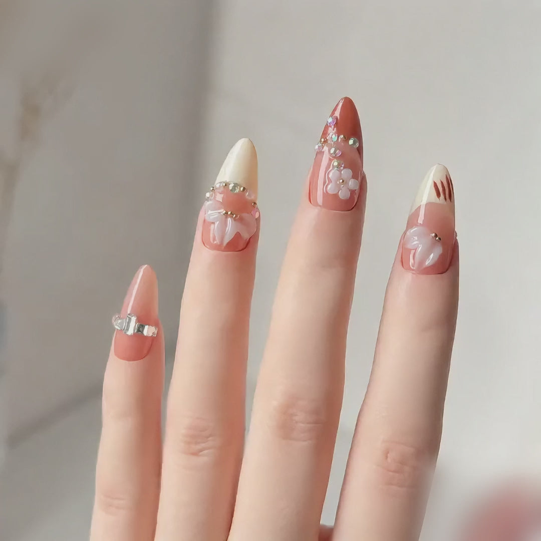 Handmade nude brown medium almond press on nails french tip fake nails with 3D floral design autumn brown-Nude Blossom A062
