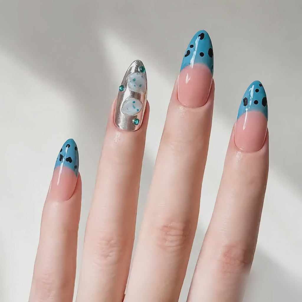 Handmade blue french tip press on nails medium almond 3D white flower rhinestone silver accent custom nail art-Ocean Dots A063