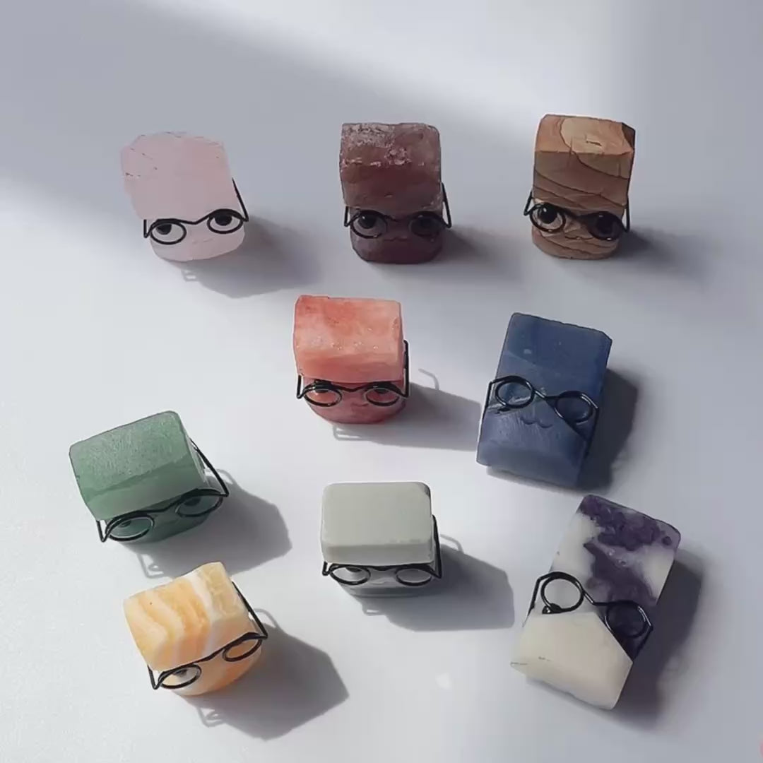 Multi-material crystal carved figurine assorted crystal raw stones cut into block shapes wearing glasses small statues-C005