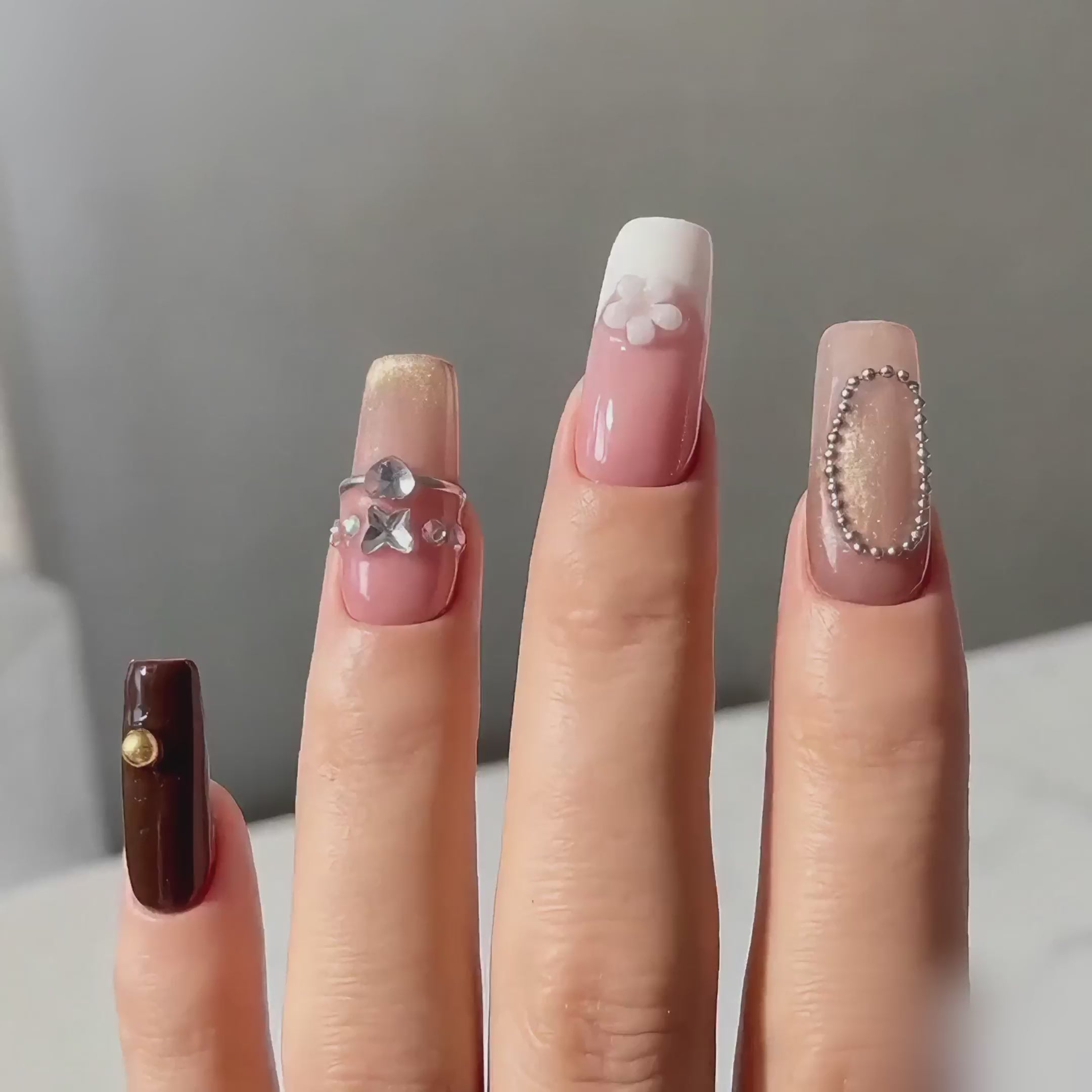 Elegant handmade mocha blossom medium coffin nails with cat eye and 3D flower-Amber Atelier A026