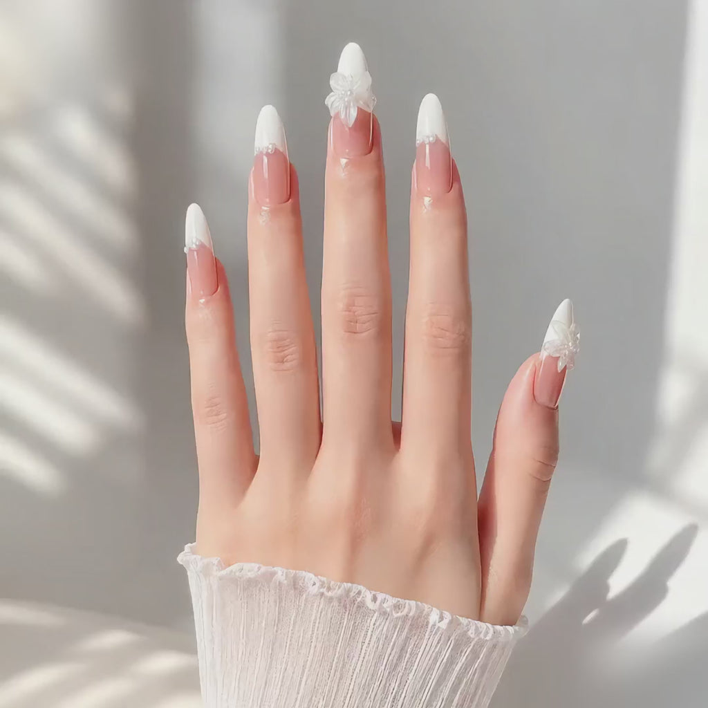 Handmade long oval blush peach 3D floral white french tip nails elegant pearl accent bridal nail-Wedding Dress A023