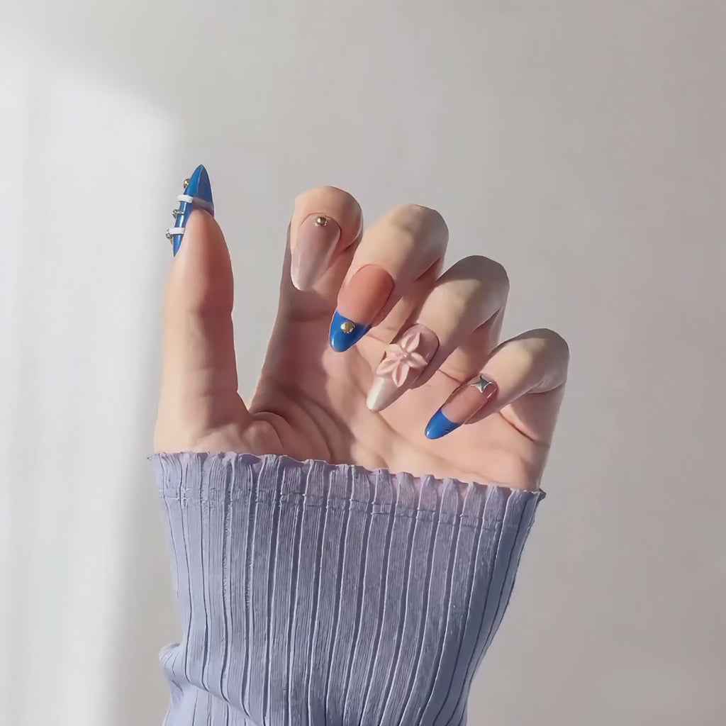 Handmade royal blue & silver glam with 3D flower medium almond nails gold accent design-Blue Bloom A028