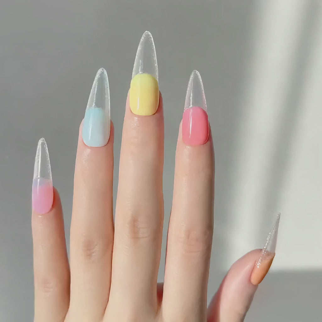 Handmade candy color french tip medium stiletto shape  transparent gradient rainbow pastel nail set-Rainbow A047