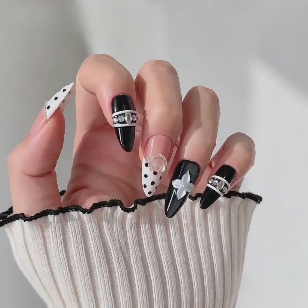 Vintage handmade medium almond black white polka dot nails& pearl flower design with luxury 3D flower