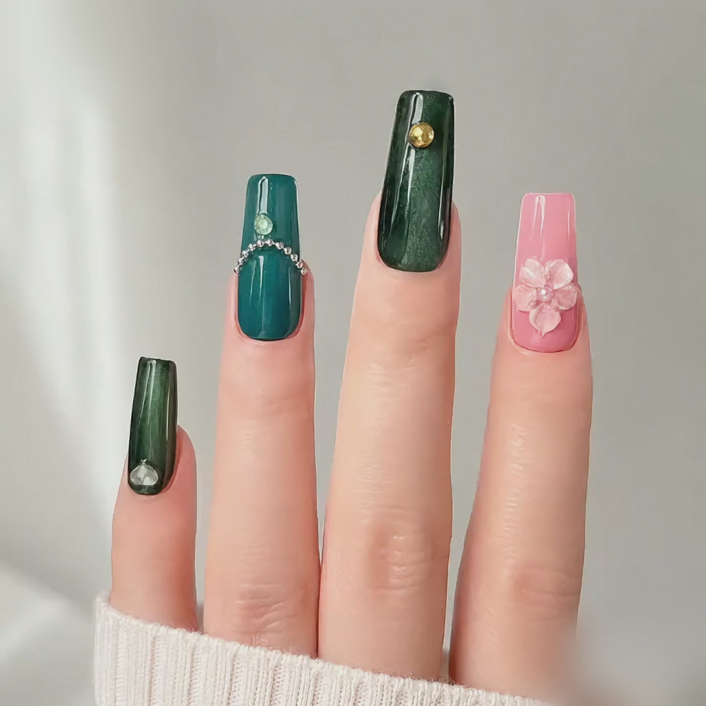 Handmade nails medium coffin nude base with deep emerald green cat eye french tip 3D floral design chain detail-Coral Teal A073