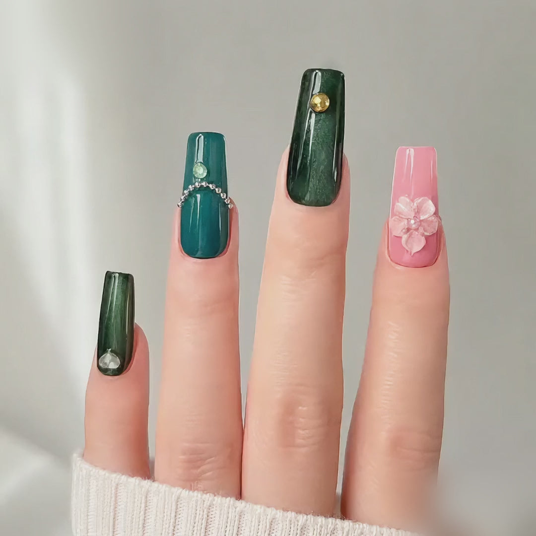 Handmade nails medium coffin nude base with deep emerald green cat eye french tip 3D floral design chain detail-Coral Teal A073