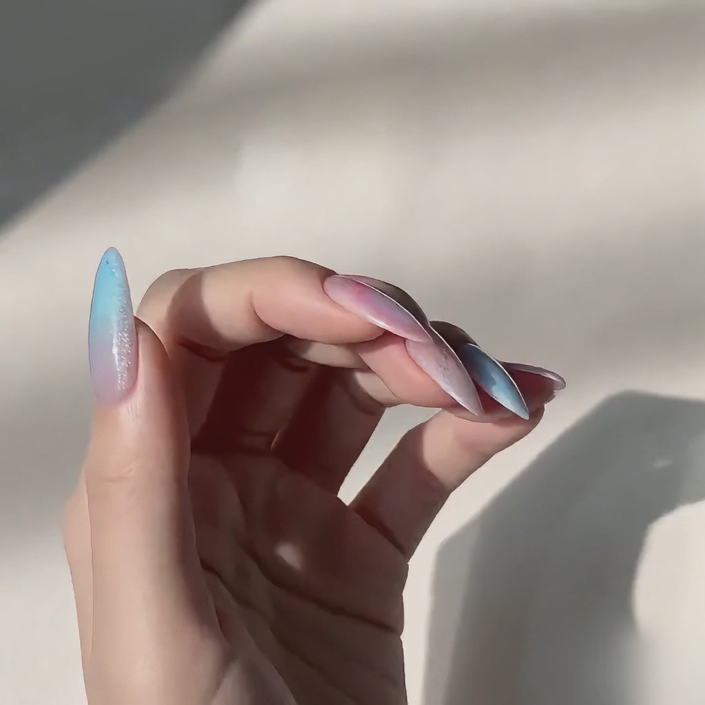 Handmade medium almond pastel candy blue pink cat eye glitter ombre false nails-Candy Mist A042