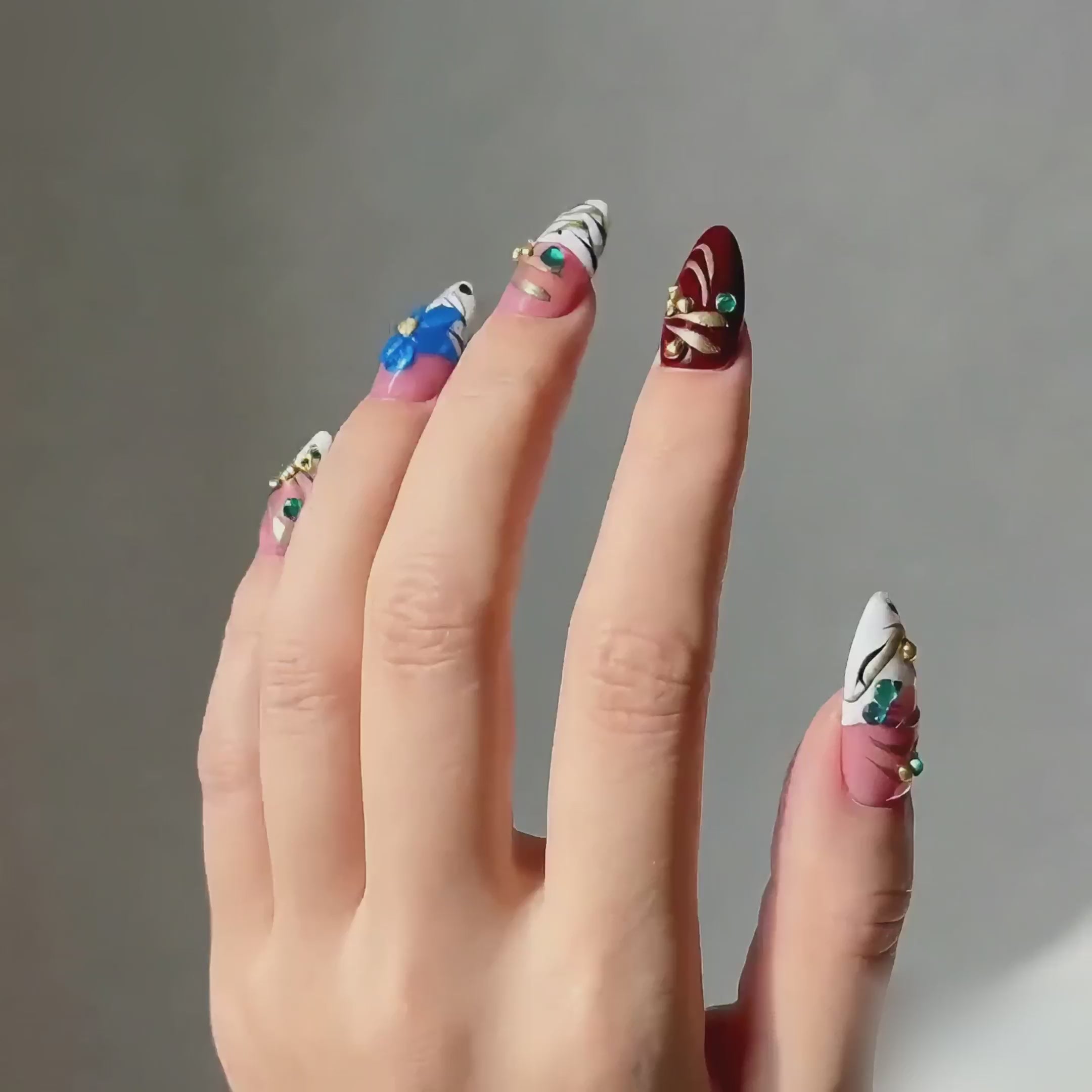 Handmade medium almond 3D floral nails rhinestone luxury art statement pink & blue design-Gypsy Flower A021