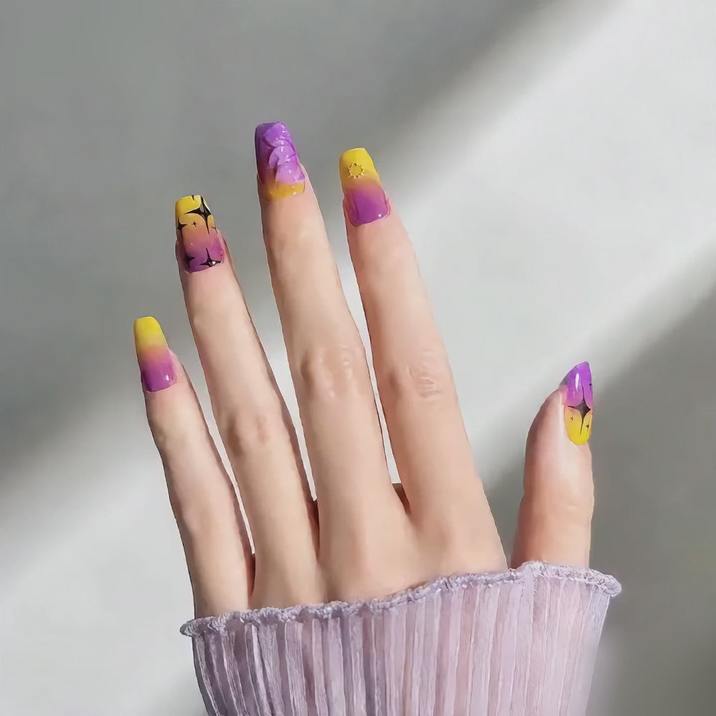 Handmade short coffin celestial starburst press on nails yellow purple ombre short coffin nails 3D floral accent handmade fake nails-Neon Star A049