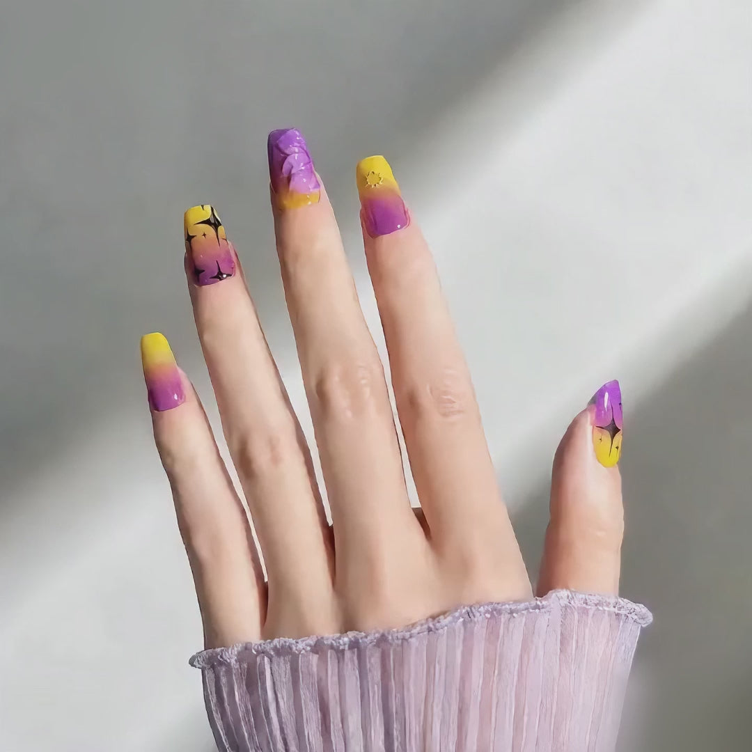 Handmade short coffin celestial starburst press on nails yellow purple ombre short coffin nails 3D floral accent handmade fake nails-Neon Star A049