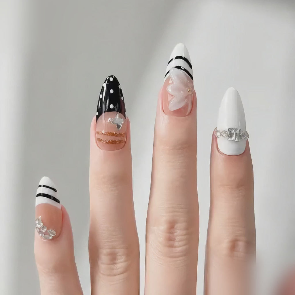 Handmade press on nails medium almond black & white french tip with polka dot accent 3D floral design gold detail & stripe line art-Soft Noir A068