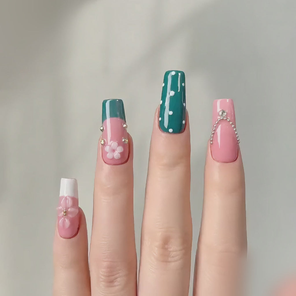 Handmade press on nails medium coffin nude pink base with blue polka dot accent 3D floral design-Coral Teal A071