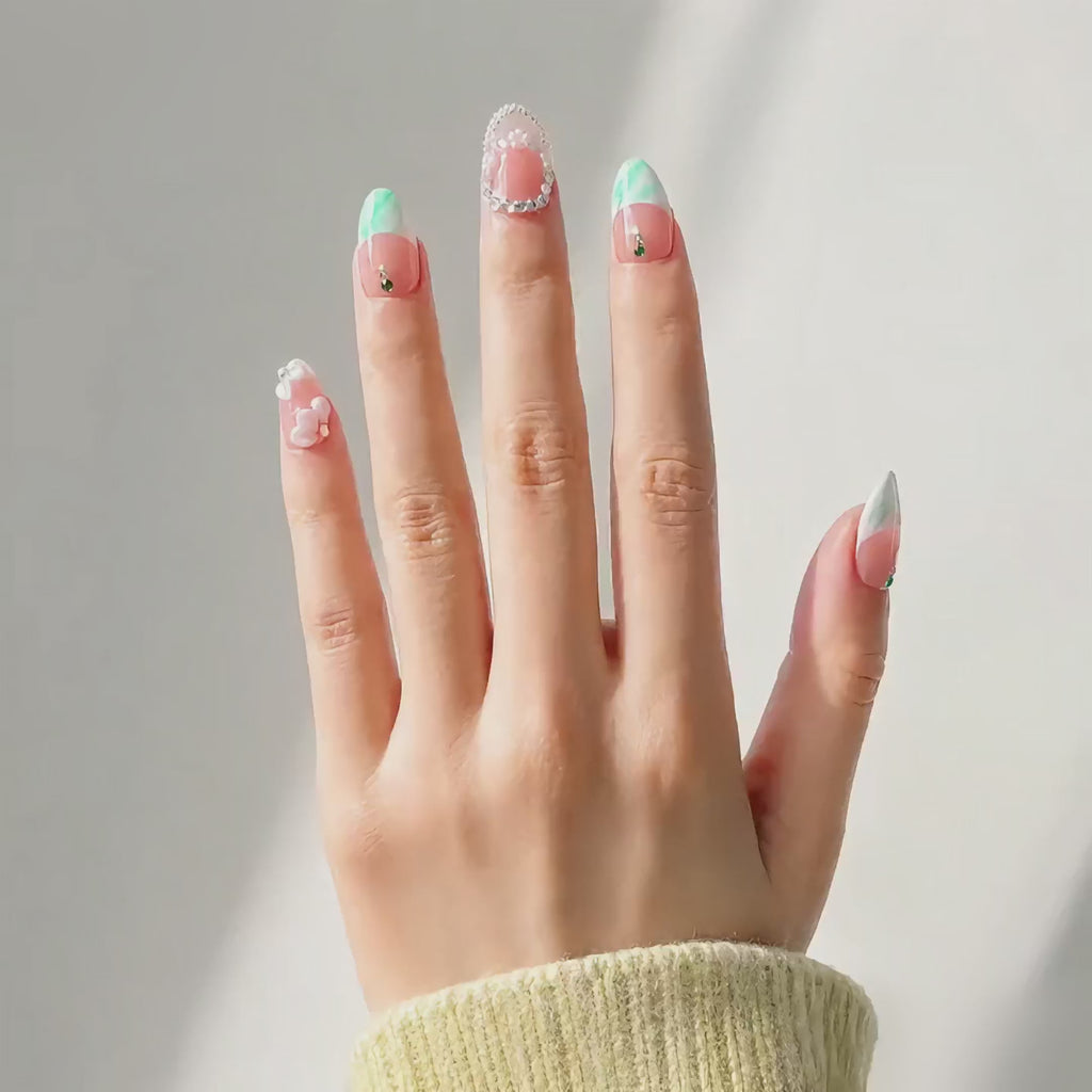 Handmade short almond nails nude green french press-on nails with rhinestone chain & 3D flower detail-Luna Garden A034