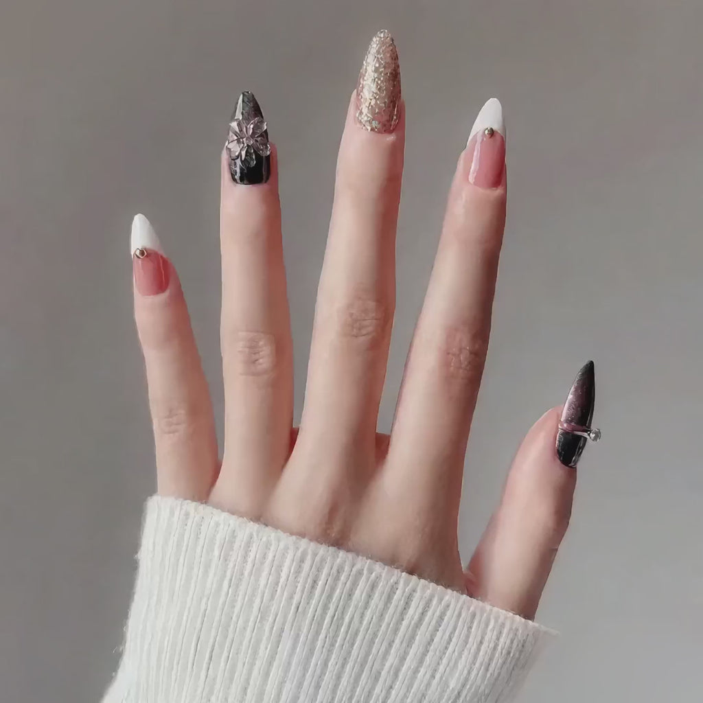 -Handmade espresso brown & black with 3D floral design, glitter gradient & gold accent medium almond nailsMocha Noir A015