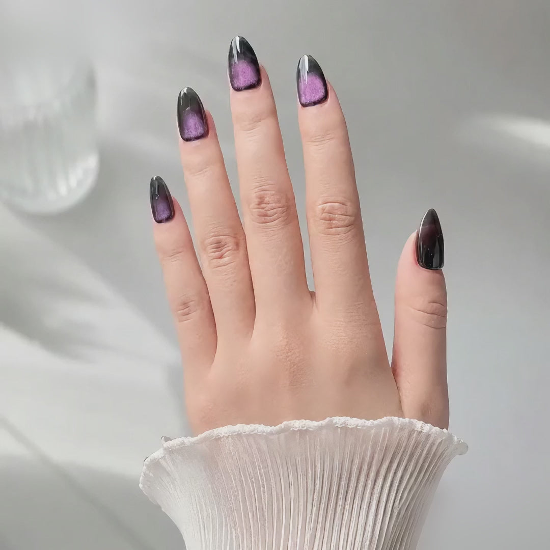 Handmade short almond green purple cat eye french tip press on nails, galaxy shimmer-Milky Way A046