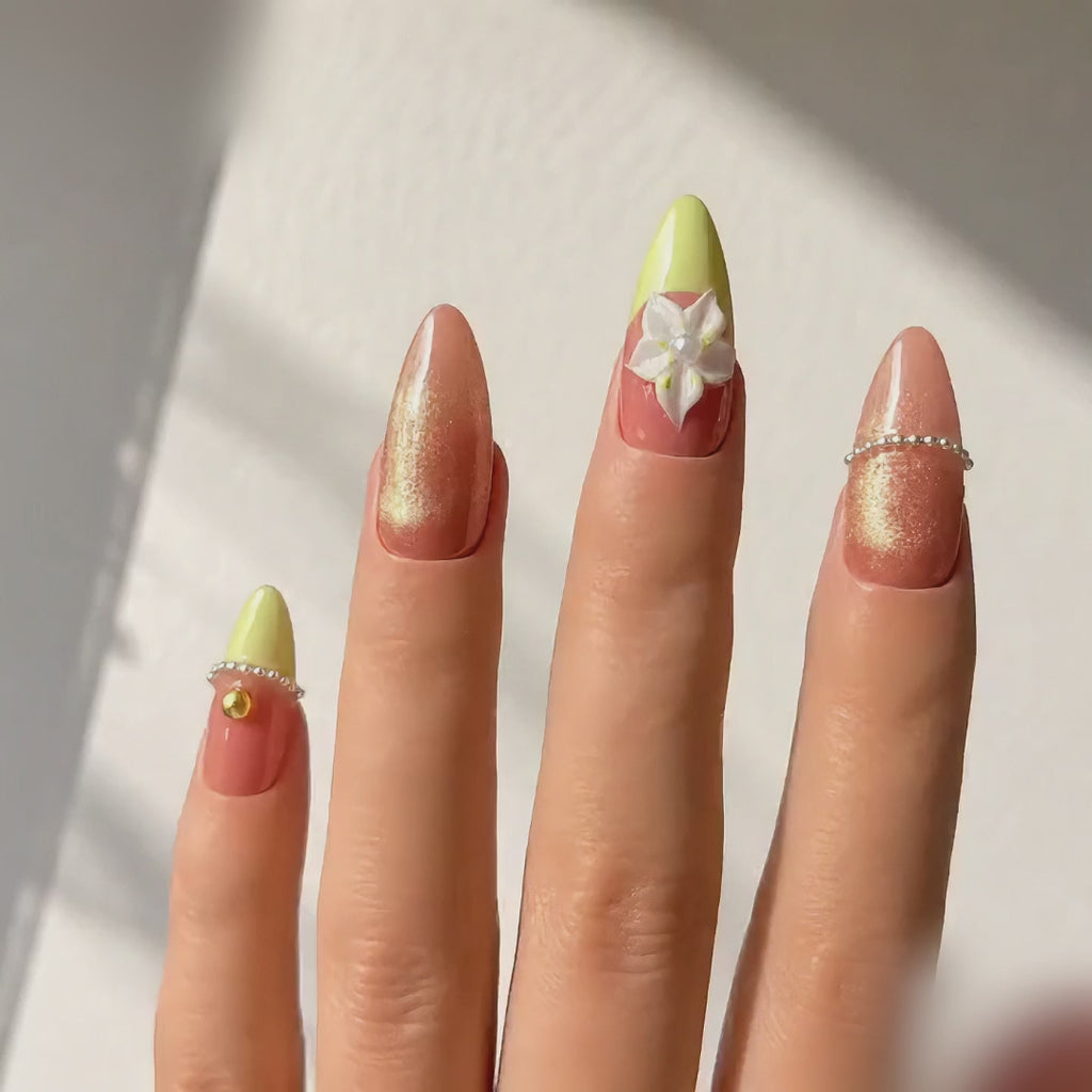 Handmade press on nails medium almond pink cat eye blush & lime green french tip 3D floral accent gold bead charm & glitter detail-Lime A074