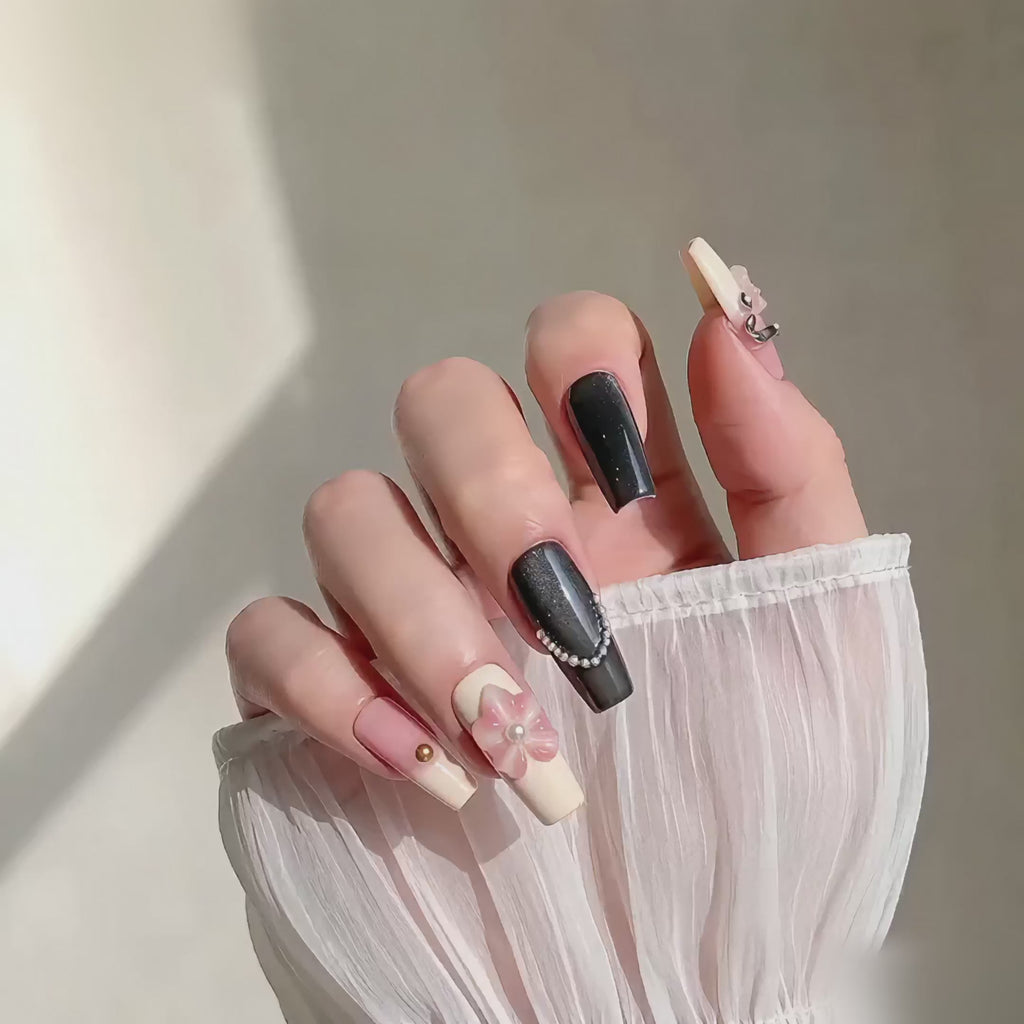 Vintage handmade medium coffin black cat eye& nude press on nails – 3D floral Pearl chain design-Rosé Nocturne A012