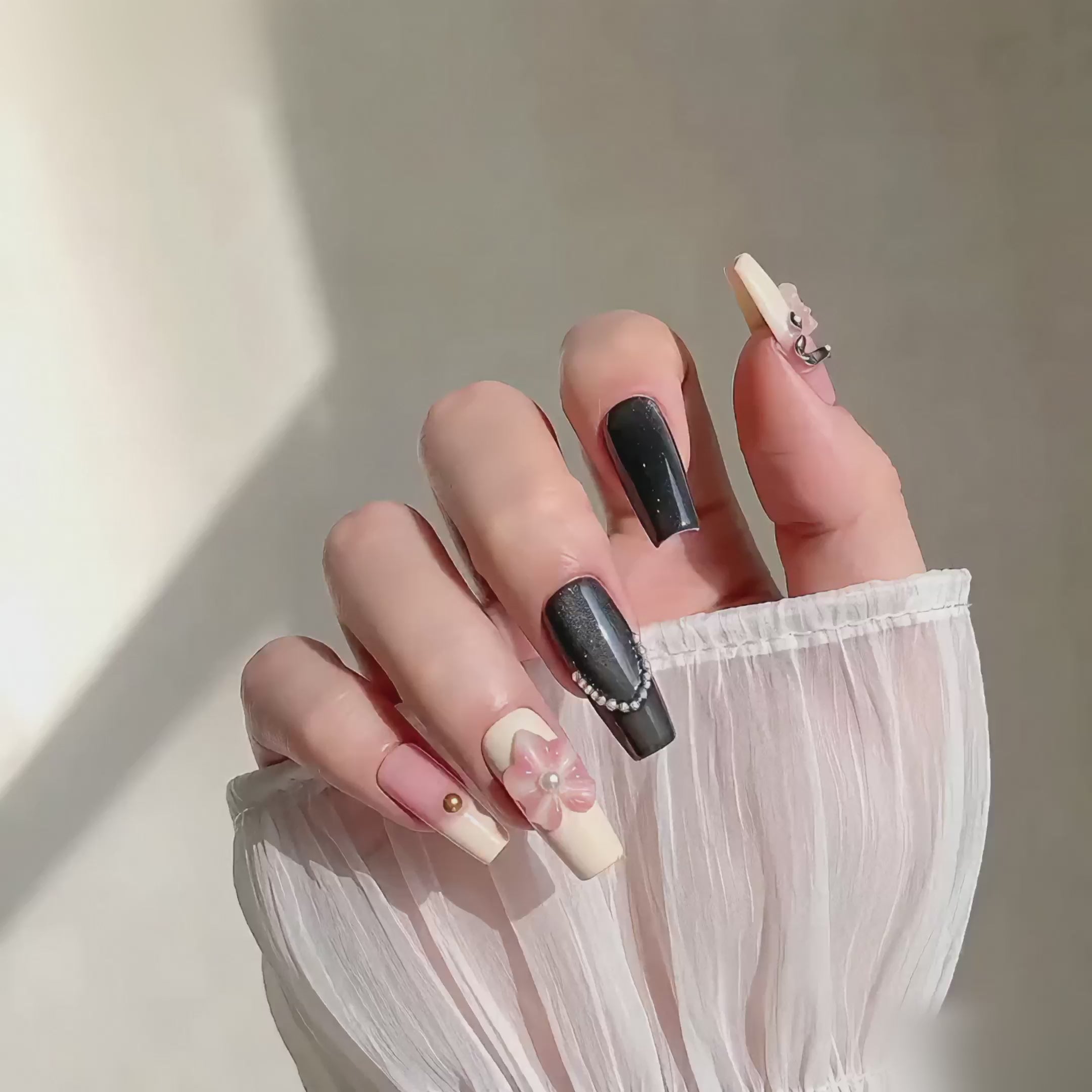 Vintage handmade medium coffin black cat eye& nude press on nails – 3D floral Pearl chain design-Rosé Nocturne A012