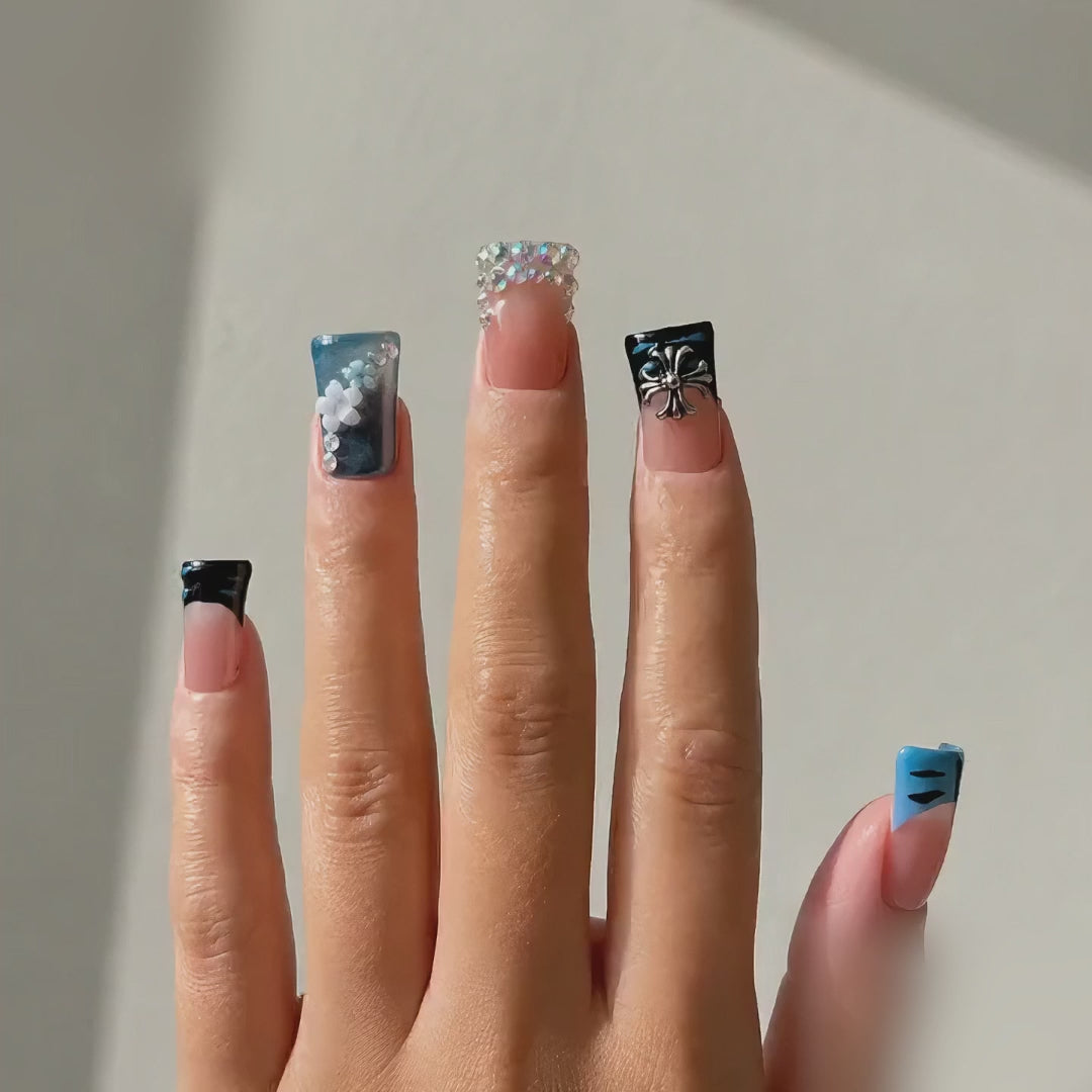 Handmade Y2K nude blue cat eye french tip 3D floral short duck Press on nails glossy rhinestone-Deep Sea A075