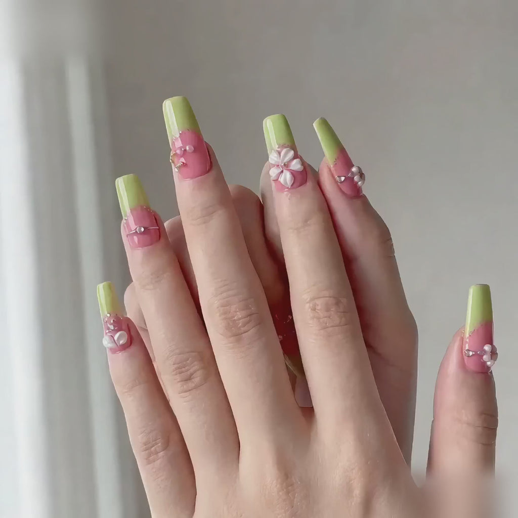 Handmade medium coffin neon pink & lime green Press with 3D floral rhinestone summer nails-Green party A011