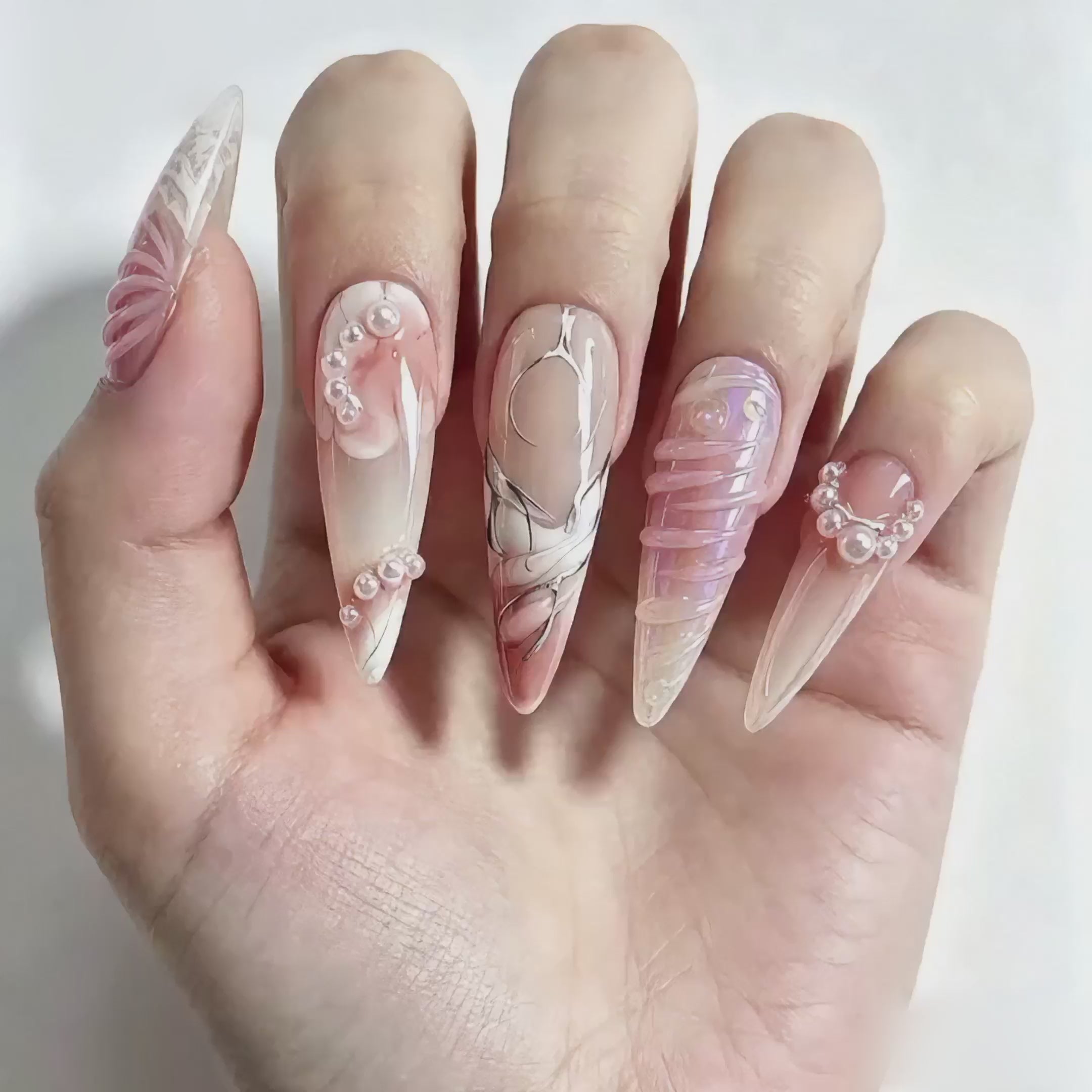 Handmade long Stiletto Nude Press On Nails Set, 3D Flower Pearl Embellished Nails-Pearl Hardware A004