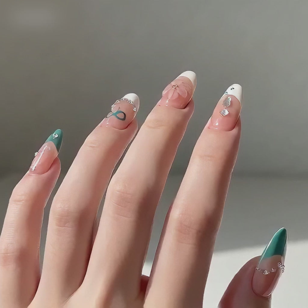 Handmade medium almond nude teal french press on nails 3D flower rhinestone nail set-Coral Breeze A059