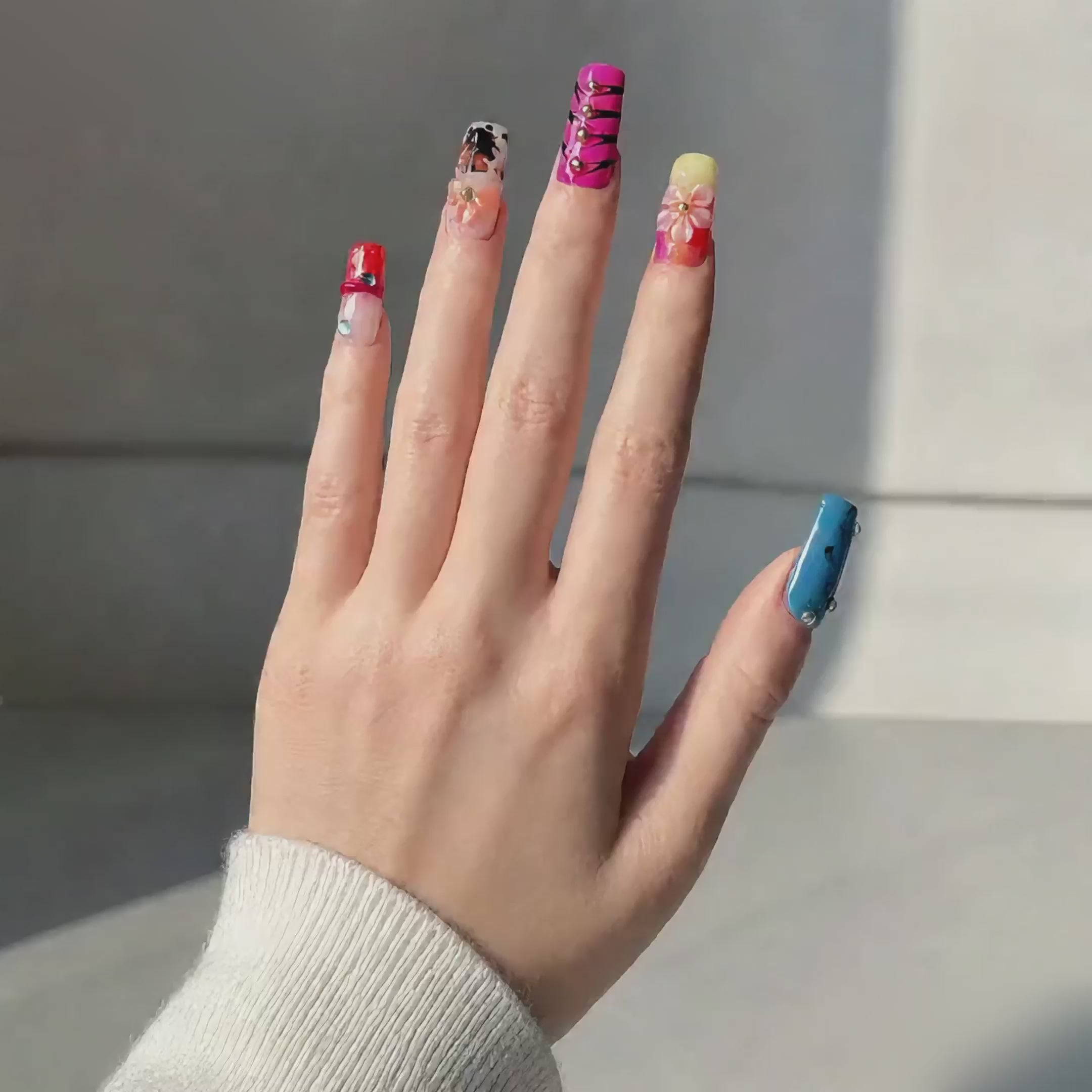 Handmade medium coffin floral rhinestone glitter blue pink design acrylic nails full cover nails-Neon Mosaic A017