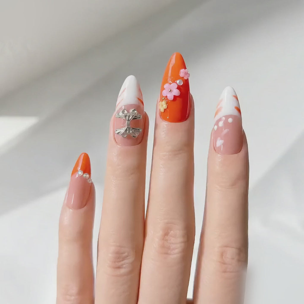 Handmade press on nails medium almond nude base with neon orange & white french tip rhinestone accent & 3D floral detail-Vibrant Orange A079