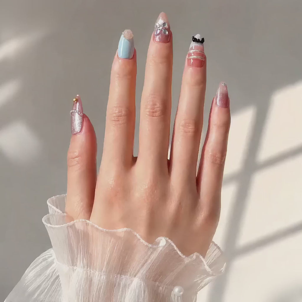 Handmade medium almond peach cat eye & pastel blue with 3D flower bow accent nails-Blue Signal A010