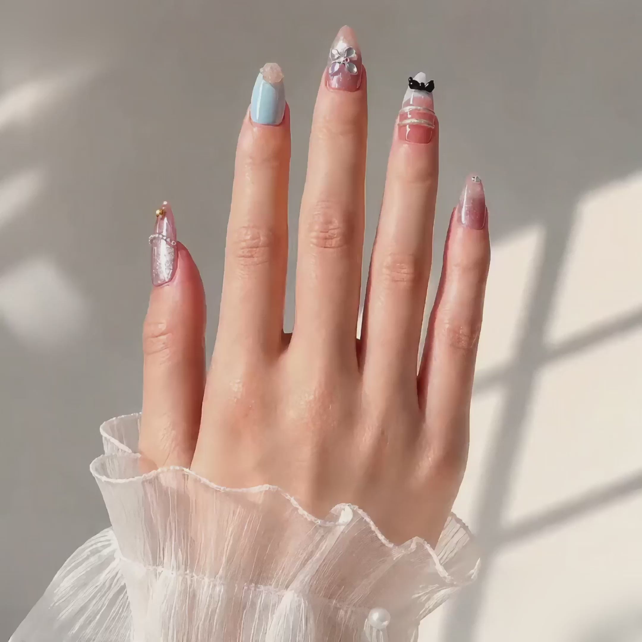 Handmade medium almond peach cat eye & pastel blue with 3D flower bow accent nails-Blue Signal A010