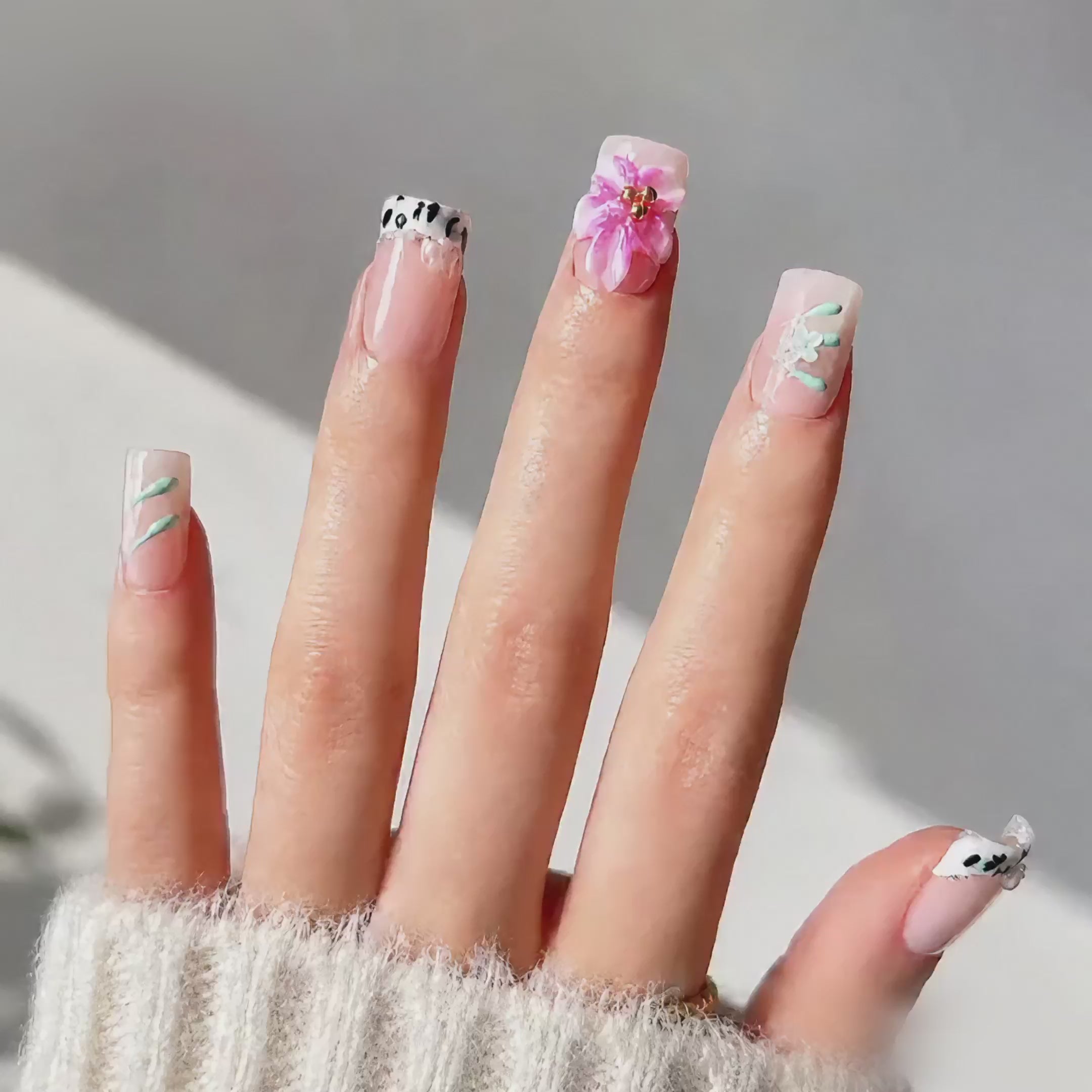Handmade short square nail with cute flower and french edge-Petal Code A005