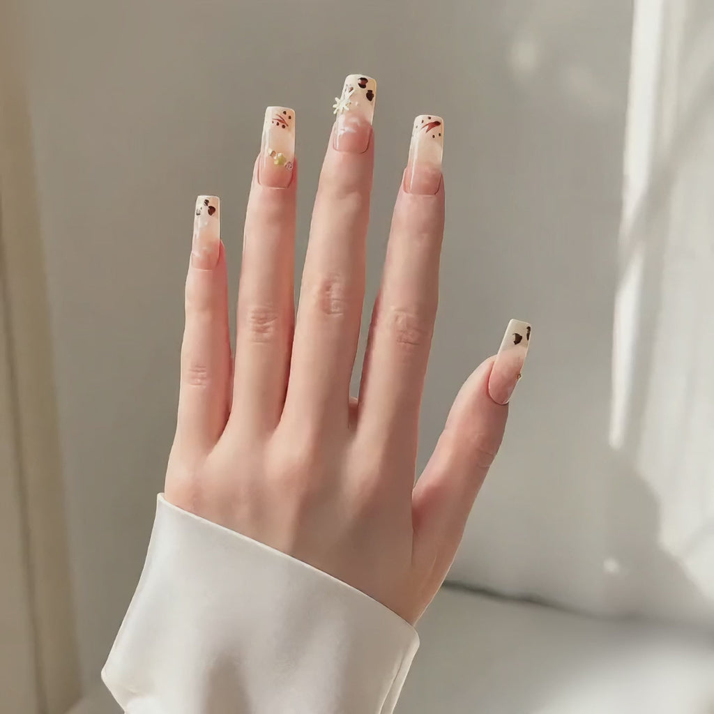 Handmade medium coffin nude leopard french press on nails 3D floral design-Wild Terra A058