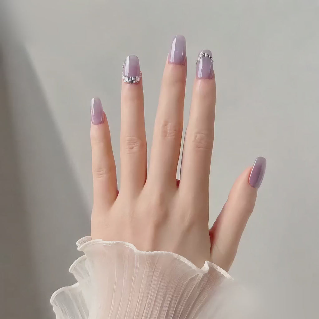 Handmade short coffin lavender pearl chrome press on nails glossy fake nails with rhinestone chain accent soft glam-Lavender A037