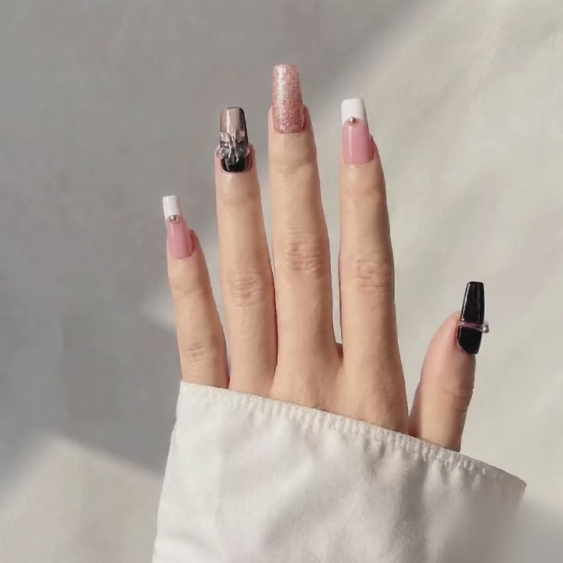 Handmade medium coffin press on nails medium coffin brown cat eye glitter floral 3D flower rhinestone nails-Noir Spark A018