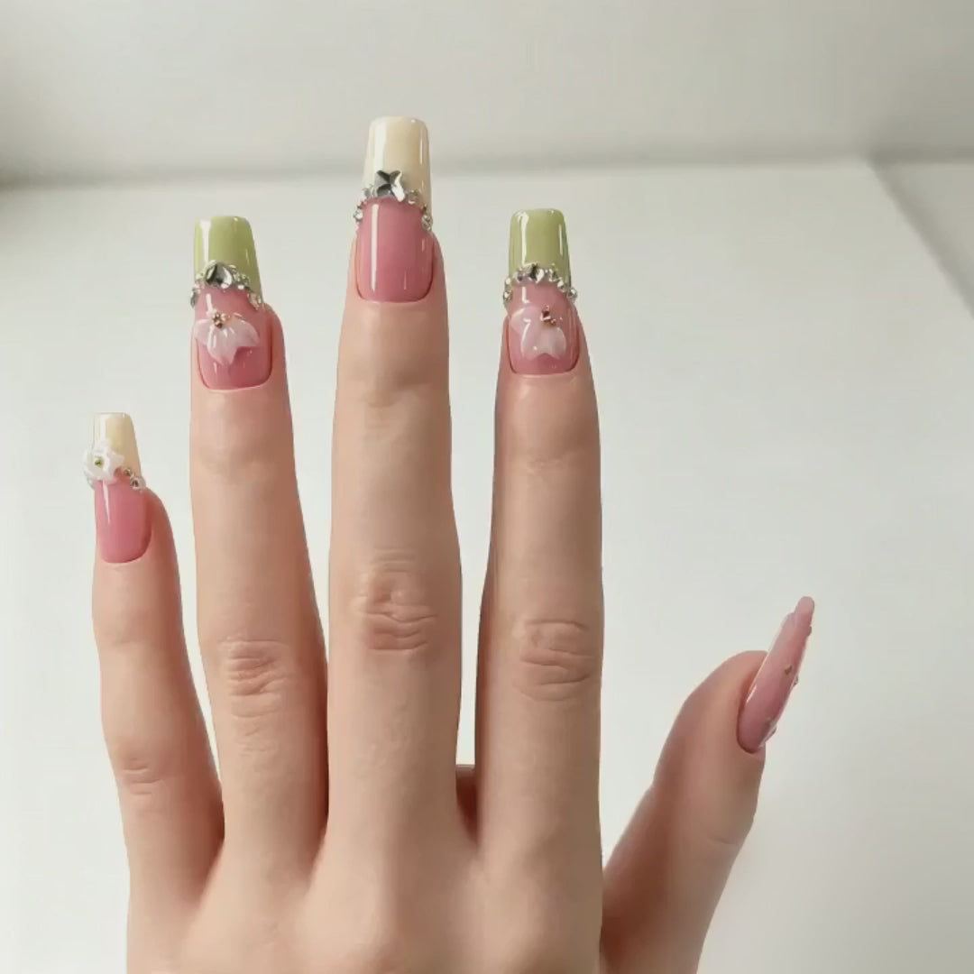 Handmade medium coffin green/yellow french tip press on nails nude pink 3D flower nails-Petal Charm A084