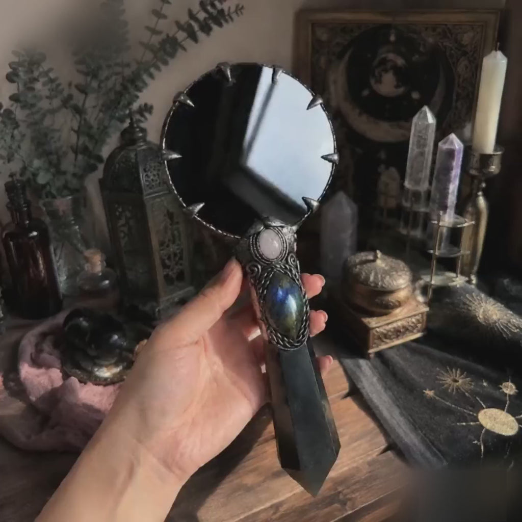 Obsidian crystal hand mirror – labradorite & lepidolite gothic scrying wand mirror C004