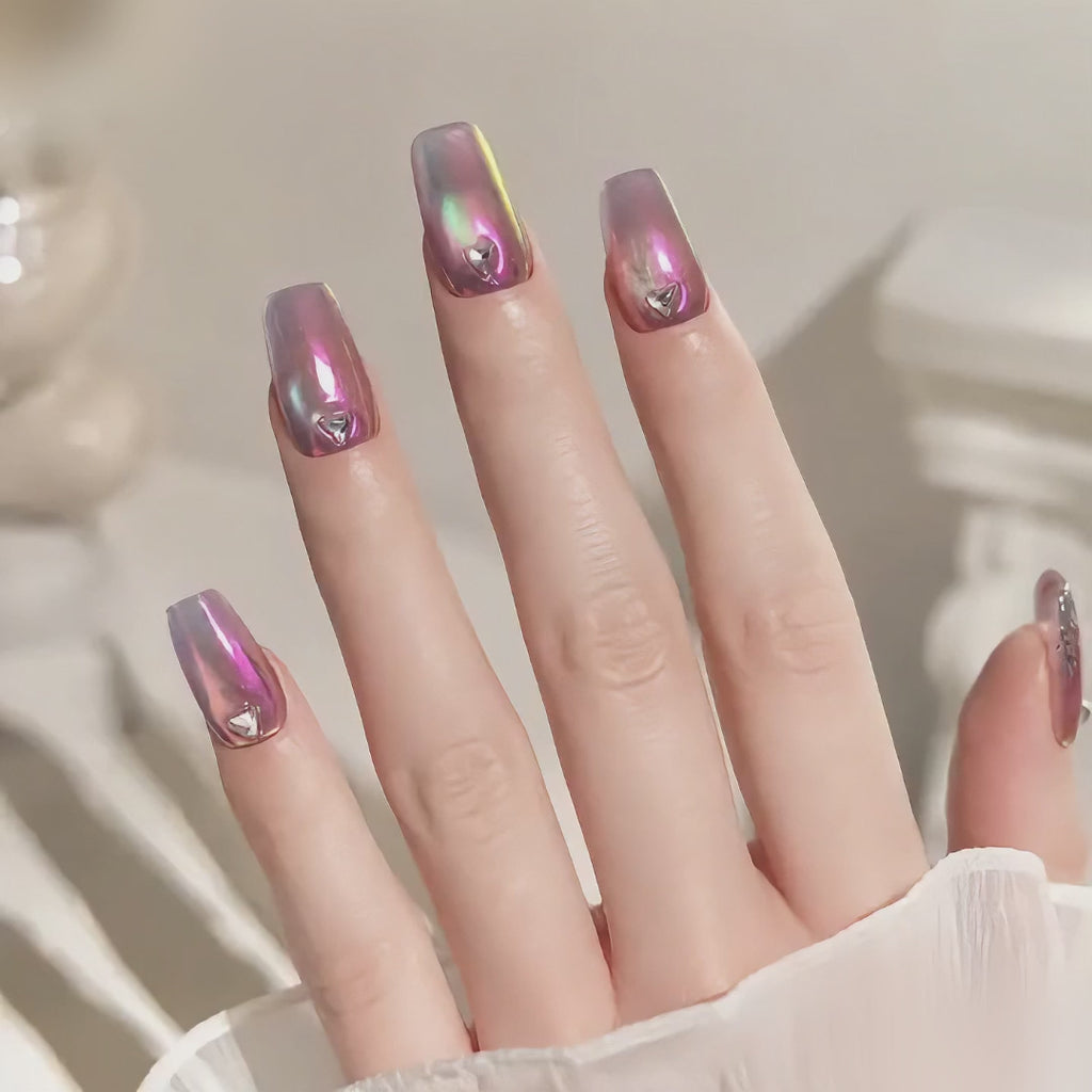 Handmade short coffin pink purple cat eye short trapezoid shape aurora iridescent chrome gradient false nails-Pink Opal A055