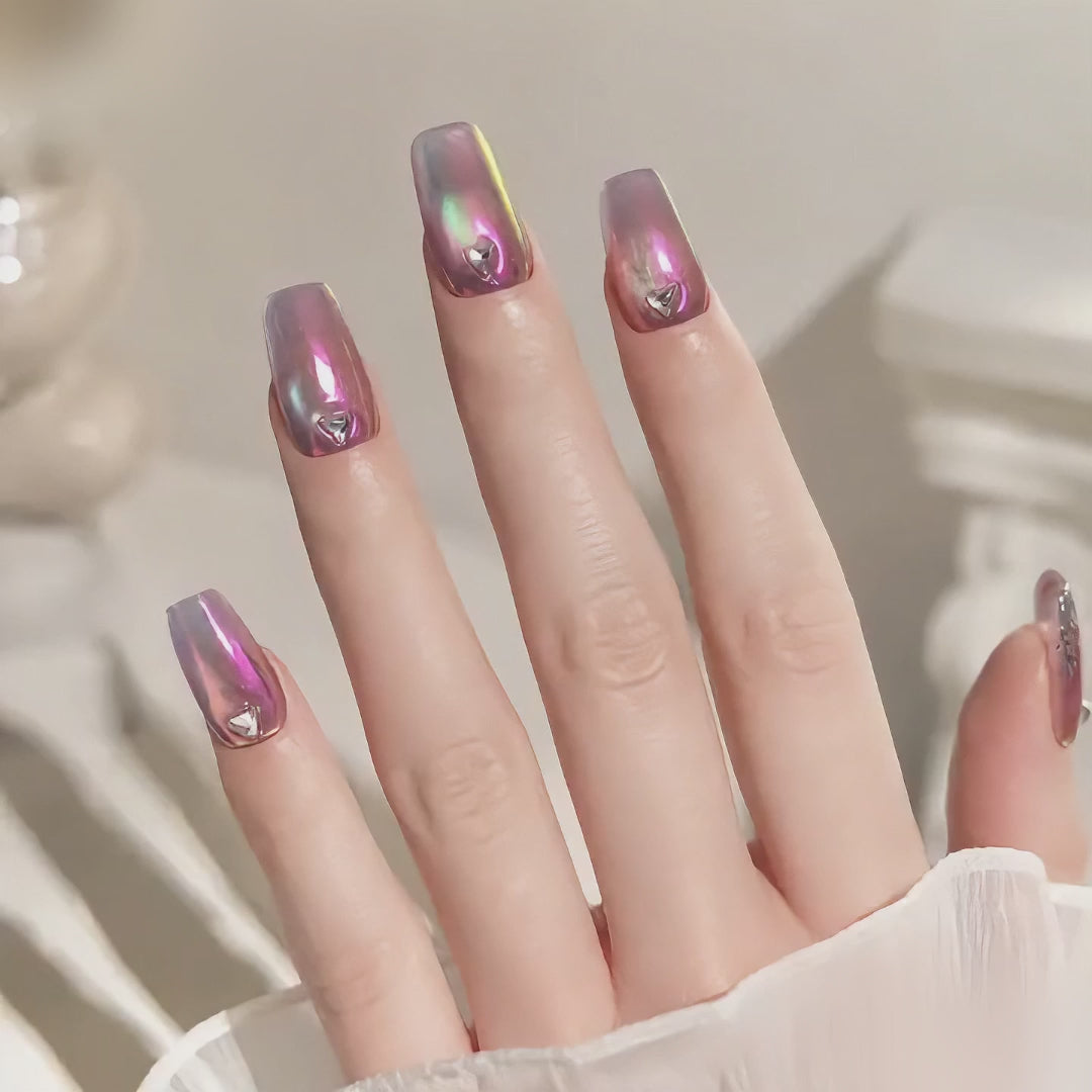 Handmade short coffin pink purple cat eye short trapezoid shape aurora iridescent chrome gradient false nails-Pink Opal A055