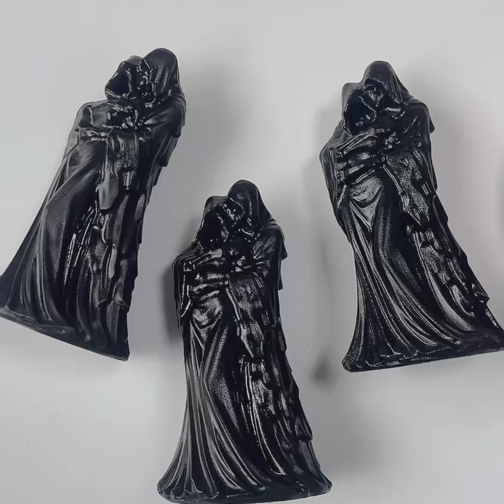 Handmade black obsidian grim reaper crystal carving gothic hooded guardian statue-C023